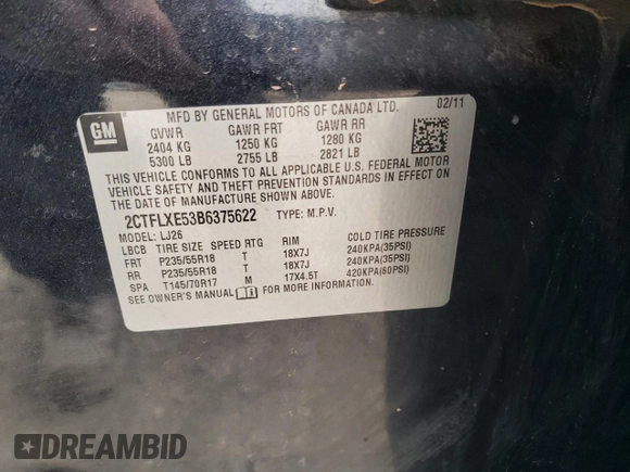 2011 GMC Terrain SLT-2 z VIN 2CTFLXE53B6375622, wystawiony jako Copart lot #54786015 z przebiegiem 248 324 mil mil oraz Szkoda całkowita • Salvage title. Historia ofert i sprzedaży dostępna na DreamBid. Obrazek 13.