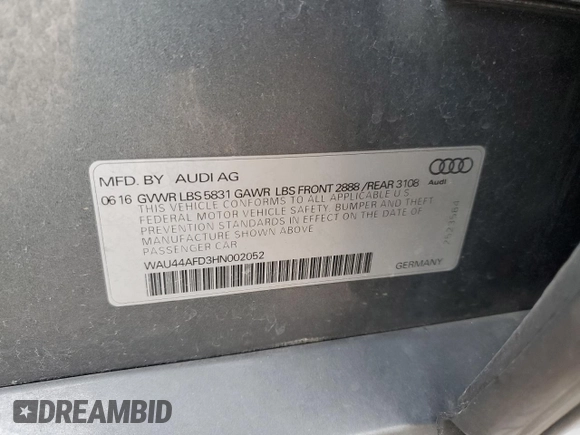 2017 Audi A8 with VIN WAU44AFD3HN002052, listed as a Copart auction lot 41834475 with 111,666 mi miles and Salvage title. Bid and sale history available at DreamBid. Image 13.
