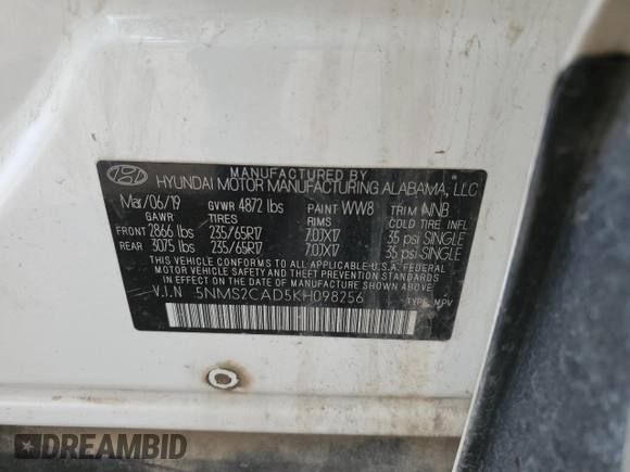 2019 Hyundai Santa Fe SE with VIN 5NMS2CAD5KH098256, listed as a Copart auction lot 47876895 with 130,870 mi miles and Salvage Title. Bid and sale history available at carsss.com. Image 14.