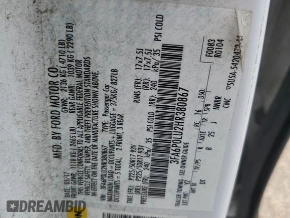 2017 Ford Fusion Hybrid SE with VIN 3FA6P0LU2HR380867, listed as a Copart auction lot 60428215 with 330,201 mi miles and Salvage title. Bid and sale history available at DreamBid. Image 12.