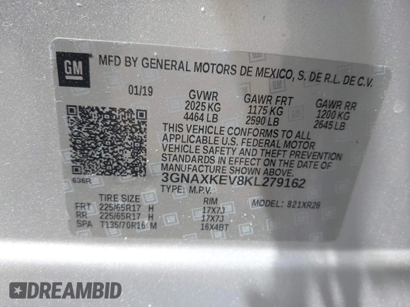 2019 Chevrolet Equinox LT with VIN 3GNAXKEV8KL279162, listed as a IAAI auction lot 41898304 with 69,492 mi miles. Bid and sale history available at carsss.com. Image 9.