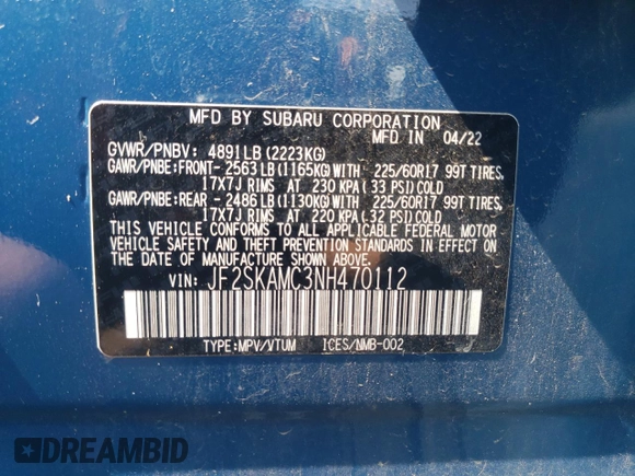 2022 Subaru Forester Wilderness with VIN JF2SKAMC3NH470112, listed as a Copart auction lot 60283445 with 25,374 mi miles and Salvage title. Bid and sale history available at DreamBid. Image 12.