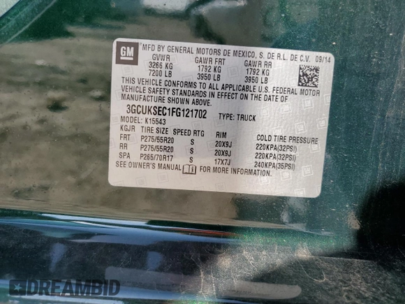 2015 Chevrolet Silverado 1500 LTZ with VIN 3GCUKSEC1FG121702, listed as a Copart auction lot 44422775 with 211,393 mi miles and Clean Title. Bid and sale history available at DreamBid. Image 12.
