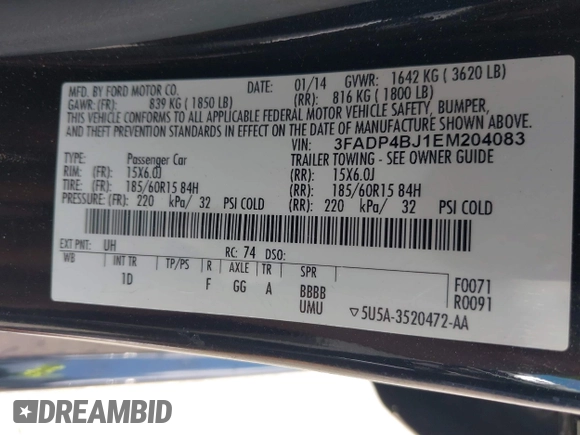 2014 Ford Fiesta SE with VIN 3FADP4BJ1EM204083, listed as a IAAI auction lot 42149088 with 136,209 mi miles and . Bid and sale history available at DreamBid. Image 9.