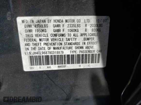 2008 Acura TSX z VIN JH4CL96878C018879, wystawiony jako Copart lot #60320255 z przebiegiem 194 494 mil mil oraz Szkoda całkowita • Salvage title. Historia ofert i sprzedaży dostępna na DreamBid. Obrazek 12.