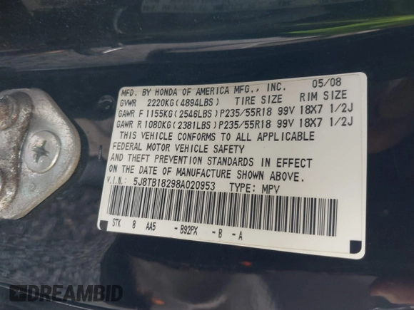 2008 Acura RDX with VIN 5J8TB18298A020953, listed as a IAAI auction lot 41808513 with 236,561 mi miles. Bid and sale history available at carsss.com. Image 9.