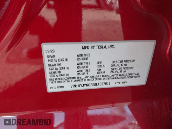 2020 Tesla Model Y Long Range with VIN 5YJYGDEE8LF057014, listed as a IAAI auction lot 41988113 with 18,246 mi miles and . Bid and sale history available at DreamBid. Image 9.