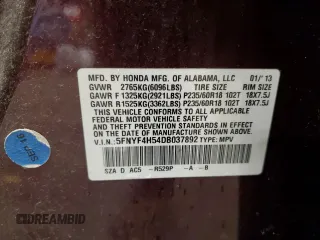 2013 Honda Pilot EX-L z VIN 5FNYF4H54DB037892, wystawiony jako Copart lot #58412945 z przebiegiem Nie podano mil oraz Nie do naprawy • Non repairable. Historia ofert i sprzedaży dostępna na DreamBid. Obrazek 13.