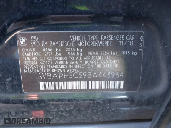 2011 BMW 3 Series 328i with VIN WBAPH5C59BA443964, listed as a IAAI auction lot 42294192 with Not provided miles and . Bid and sale history available at DreamBid. Image 9.