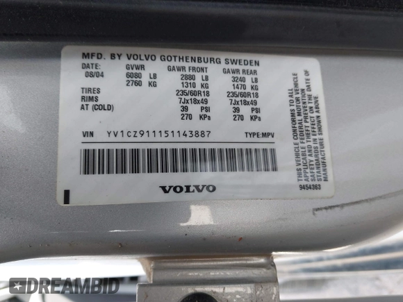 2005 Volvo XC90 with VIN YV1CZ911151143887, listed as a IAAI auction lot 41946615 with 106,857 mi miles and . Bid and sale history available at DreamBid. Image 9.