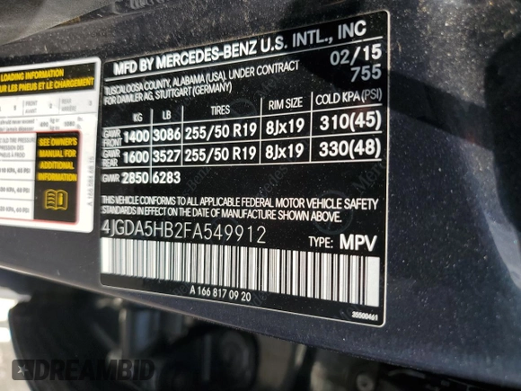 2015 Mercedes-Benz M 350 with VIN 4JGDA5HB2FA549912, listed as a Copart auction lot 62878535 with 165,125 mi miles and Clean title. Bid and sale history available at DreamBid. Image 12.