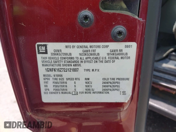 2002 Chevrolet Suburban LT with VIN 1GNFK16Z72J121807, listed as a IAAI auction lot 42384303 with Not provided miles and . Bid and sale history available at DreamBid. Image 9.
