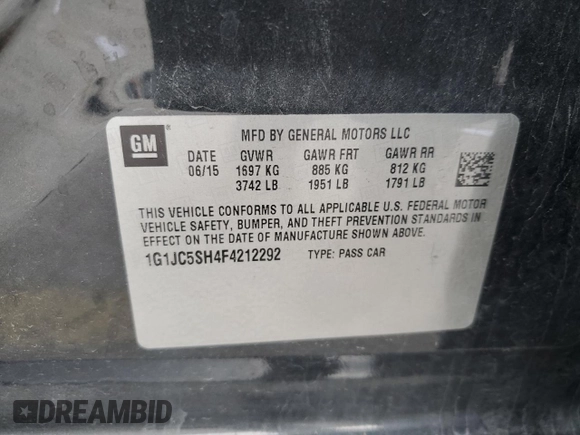 2015 Chevrolet Sonic LT with VIN 1G1JC5SH4F4212292, listed as a Copart auction lot 52339455 with 135,108 mi miles and Salvage Title. Bid and sale history available at DreamBid. Image 12.