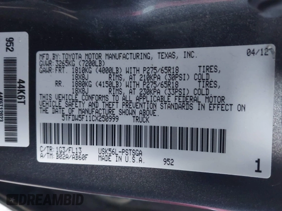 2012 Toyota Tundra 4WD Truck with VIN 5TFDW5F11CX250999, listed as a IAAI auction lot 41087695 with 244,868 mi miles. Bid and sale history available at carsss.com. Image 9.