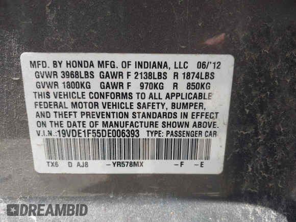 2013 Acura ILX Premium Pkg with VIN 19VDE1F55DE006393, listed as a IAAI auction lot 42001406 with 117,105 mi miles. Bid and sale history available at carsss.com. Image 9.