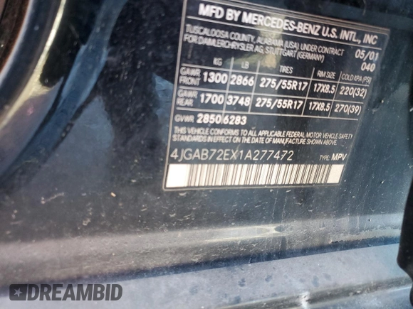 2001 Mercedes-Benz M 320/430/500 with VIN 4JGAB72EX1A277472, listed as a Copart auction lot 86857214 with Not provided miles and Salvage title. Bid and sale history available at DreamBid. Image 13.