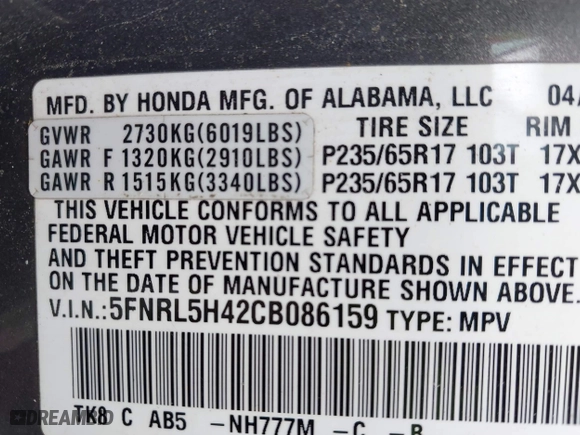 2012 Honda Odyssey EX with VIN 5FNRL5H42CB086159, listed as a IAAI auction lot 42096834 with 208,701 mi miles. Bid and sale history available at carsss.com. Image 9.