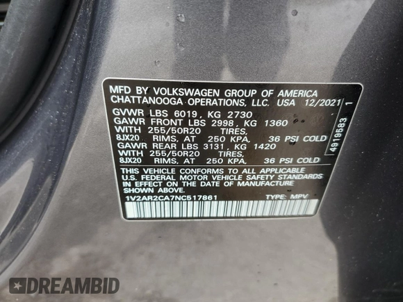 2022 Volkswagen Atlas 3.6L V6 SEL R-Line with VIN 1V2AR2CA7NC517861, listed as a Copart auction lot 47723674 with 14,311 mi miles and Salvage Title. Bid and sale history available at carsss.com. Image 13.
