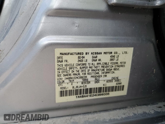 2004 Nissan Maxima SE with VIN 1N4BA41E24C896335, listed as a Copart auction lot 75113624 with 0 mi miles and Salvage Title. Bid and sale history available at carsss.com. Image 13.