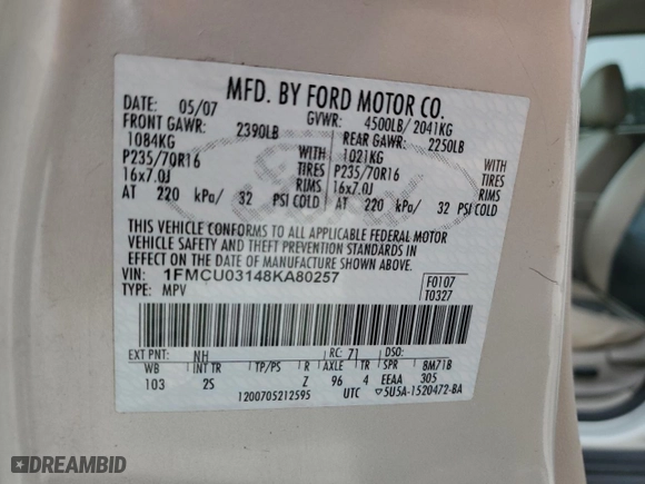 2008 Ford Escape XLT with VIN 1FMCU03148KA80257, listed as a Copart auction lot 53161255 with 171,725 mi miles and Clean Title. Bid and sale history available at carsss.com. Image 13.