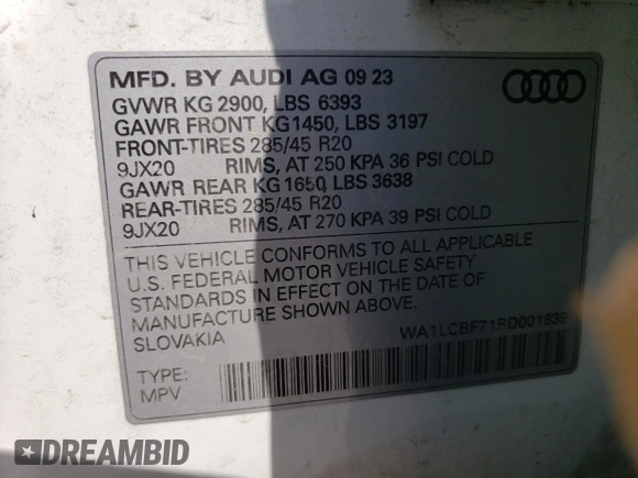 2024 Audi Q7 Premium Plus with VIN WA1LCBF71RD001839, listed as a Copart auction lot 56905244 with 8,832 mi miles and Salvage Title. Bid and sale history available at carsss.com. Image 15.