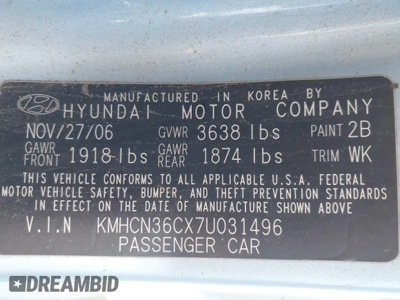 2007 Hyundai Accent SE with VIN KMHCN36CX7U031496, listed as a IAAI auction lot 41811183 with 201,740 mi miles. Bid and sale history available at carsss.com. Image 9.