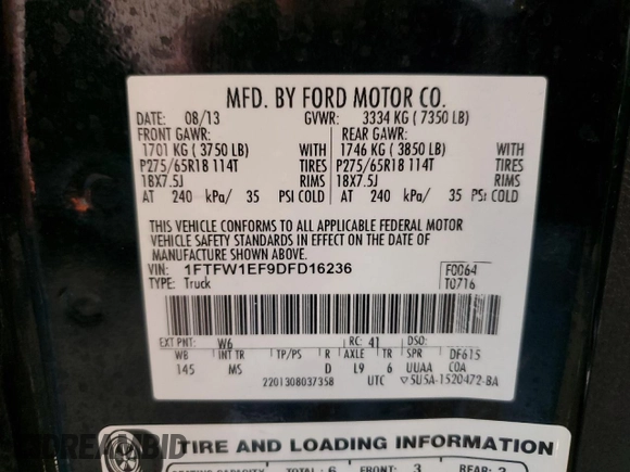 2013 Ford F-150 XL with VIN 1FTFW1EF9DFD16236, listed as a Copart auction lot 47083645 with 168,642 mi miles and Clean Title. Bid and sale history available at carsss.com. Image 12.