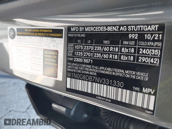 2022 Mercedes-Benz GLC 300 with VIN W1N0G8DB7NV331330, listed as a IAAI auction lot 42396553 with Not provided miles and . Bid and sale history available at DreamBid. Image 9.