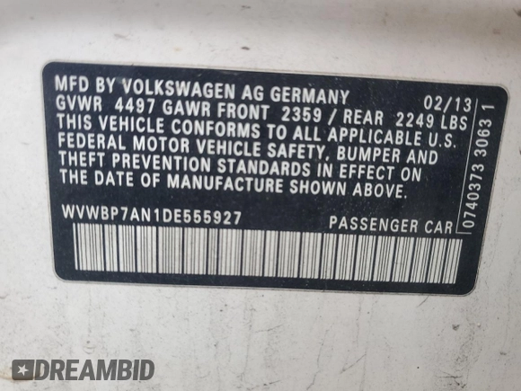 2013 Volkswagen CC Sport Plus z VIN WVWBP7AN1DE555927, wystawiony jako Copart lot #49028445 z przebiegiem 132 109 mil mil oraz Szkody całkowita. Historia ofert i sprzedaży dostępna na DreamBid. Obrazek 13.