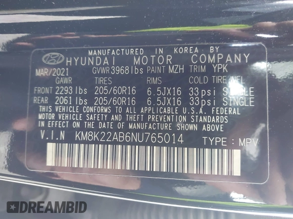 2022 Hyundai Kona Preferred with VIN KM8K22AB6NU765014, listed as a IAAI auction lot 41939176 with 69,522 mi miles and . Bid and sale history available at carsss.com. Image 9.