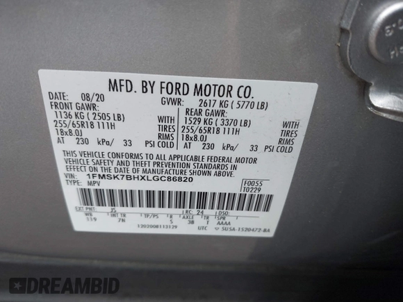 2020 Ford Explorer with VIN 1FMSK7BHXLGC86820, listed as a IAAI auction lot 42333628 with 76,941 mi miles and . Bid and sale history available at DreamBid. Image 9.