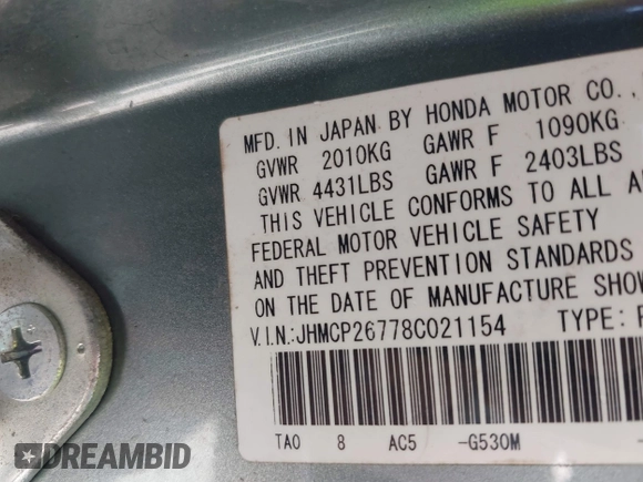 2008 Honda Accord EX with VIN JHMCP26778C021154, listed as a IAAI auction lot 41995843 with 237,791 mi miles and . Bid and sale history available at DreamBid. Image 9.