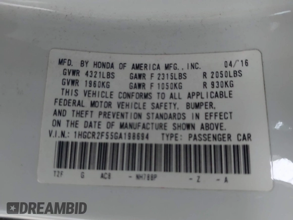 2016 Honda Accord Sport с VIN 1HGCR2F55GA198694, выставлен на аукционе IAAI как лот 41539290 с пробегом 144 736 миль миль и . История ставок и продаж доступна на DreamBid. Изображение 9.