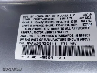 2019 Honda CR-V EX-L with VIN 7FARW2H87KE032111, listed as a IAAI auction lot 41757203 with 60,607 mi miles. Bid and sale history available at carsss.com. Image 9.