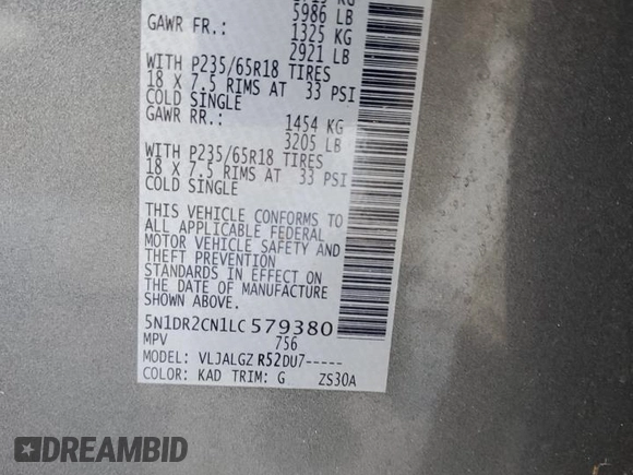 2020 Nissan Pathfinder SL with VIN 5N1DR2CN1LC579380, listed as a Copart auction lot 63641125 with 68,933 mi miles and Salvage title. Bid and sale history available at DreamBid. Image 13.