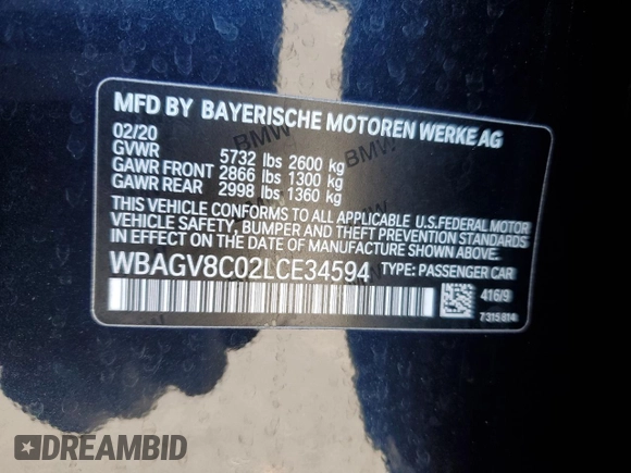 2020 BMW 8 Series M850i with VIN WBAGV8C02LCE34594, listed as a Copart auction lot 50389675 with 37,279 mi miles and Salvage title. Bid and sale history available at DreamBid. Image 12.