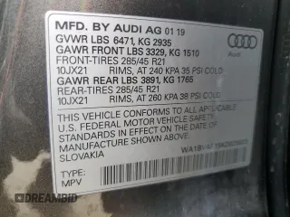 2019 Audi Q8 Premium Plus with VIN WA1BVAF15KD025823, listed as a Copart auction lot 49646583 with 59,976 mi miles. Bid and sale history available at carsss.com. Image 13.