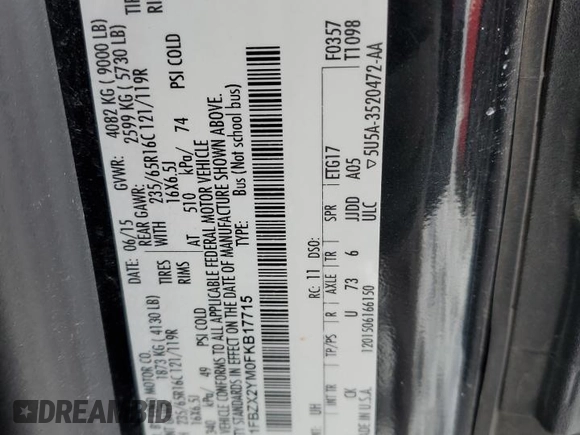 2015 Ford Transit XL with VIN 1FBZX2YM0FKB17715, listed as a Copart auction lot 41738095 with 96,670 mi miles and Salvage title. Bid and sale history available at DreamBid. Image 14.