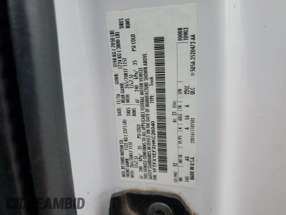 2017 Ford F-150 XL z VIN 1FTFX1EFXHKC26040, wystawiony jako Copart lot #55594585 z przebiegiem 76 490 mil mil oraz Szkoda całkowita • Salvage title. Historia ofert i sprzedaży dostępna na DreamBid. Obrazek 12.