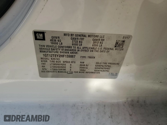 2017 GMC Sierra 2500HD SLT with VIN 1GT12TEY2HF139067, listed as a Copart auction lot 43919285 with 56,169 mi miles and Salvage Title. Bid and sale history available at carsss.com. Image 12.
