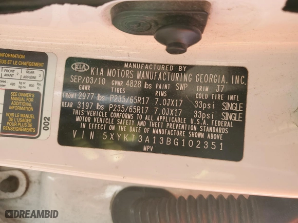 2011 Kia Sorento LX with VIN 5XYKT3A13BG102351, listed as a Copart auction lot 42598945 with 285,006 mi miles and Salvage Title. Bid and sale history available at carsss.com. Image 13.
