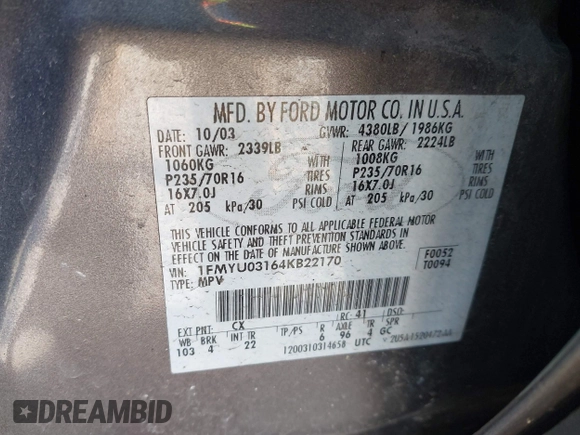 2004 Ford Escape XLT with VIN 1FMYU03164KB22170, listed as a IAAI auction lot 41991801 with 170,492 mi miles. Bid and sale history available at carsss.com. Image 9.