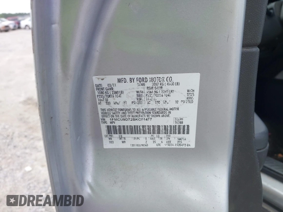 2011 Ford Escape XLT с VIN 1FMCU9D72BKC01477, выставлен на аукционе IAAI как лот 42702010 с пробегом 225 814 миль миль и . История ставок и продаж доступна на DreamBid. Изображение 9.