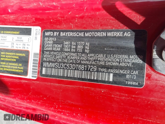2013 MINI Hardtop with VIN WMWSU3C53DT681729, listed as a IAAI auction lot 42196391 with 128,197 mi miles and . Bid and sale history available at DreamBid. Image 9.