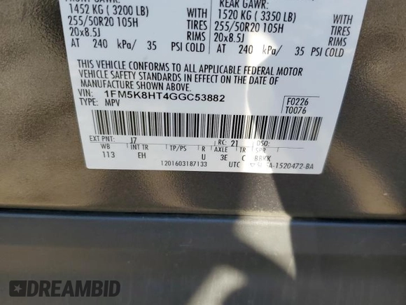 2016 Ford Explorer Platinum с VIN 1FM5K8HT4GGC53882, выставлен на аукционе Copart как лот 86758724 с пробегом 112 815 миль миль и Списание • Salvage title. История ставок и продаж доступна на DreamBid. Изображение 13.