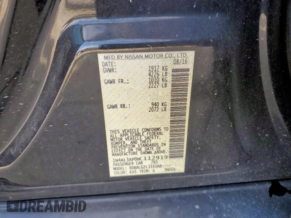 2017 Nissan Altima SL with VIN 1N4AL3AP0HC112919, listed as a Copart auction lot 58761445 with 166,086 mi miles and Salvage title. Bid and sale history available at DreamBid. Image 13.