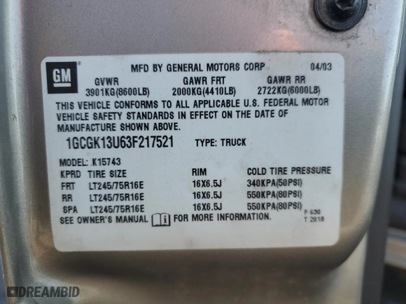 2003 Chevrolet Silverado 1500HD LS with VIN 1GCGK13U63F217521, listed as a Copart auction lot 50450725 with 227,621 mi miles and Clean Title. Bid and sale history available at carsss.com. Image 12.