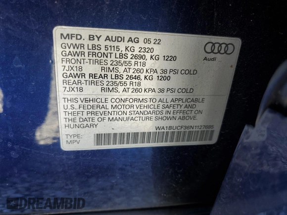 2022 Audi Q3 Premium Plus with VIN WA1BUCF36N1127685, listed as a Copart auction lot 42190355 with 45,862 mi miles and Salvage title. Bid and sale history available at DreamBid. Image 13.