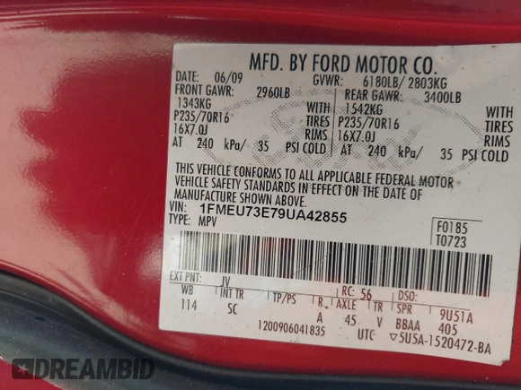 2009 Ford Explorer XLT with VIN 1FMEU73E79UA42855, listed as a IAAI auction lot 42826916 with Not provided miles and . Bid and sale history available at DreamBid. Image 9.