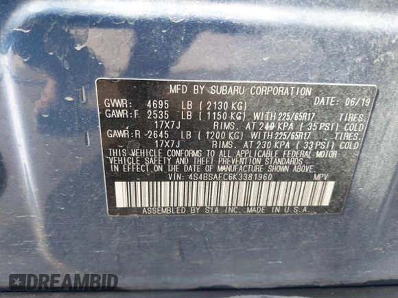 2019 Subaru Outback Premium with VIN 4S4BSAFC6K3381960, listed as a IAAI auction lot 41747307 with 161,657 mi miles and . Bid and sale history available at carsss.com. Image 9.